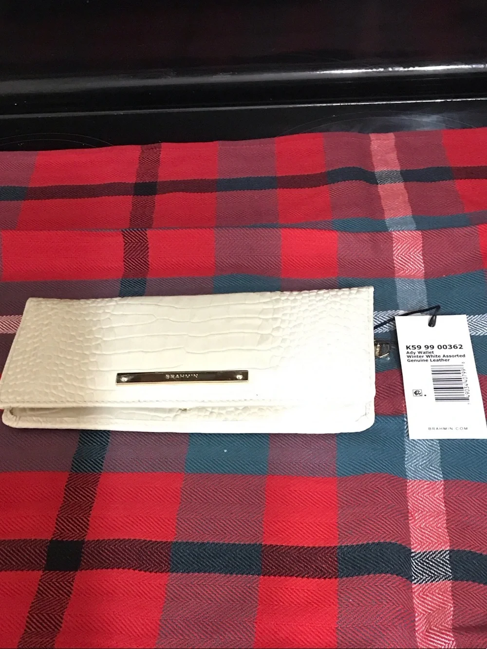 Brahmin White Croc-Embossed Foldover Clutch with Gold Plate